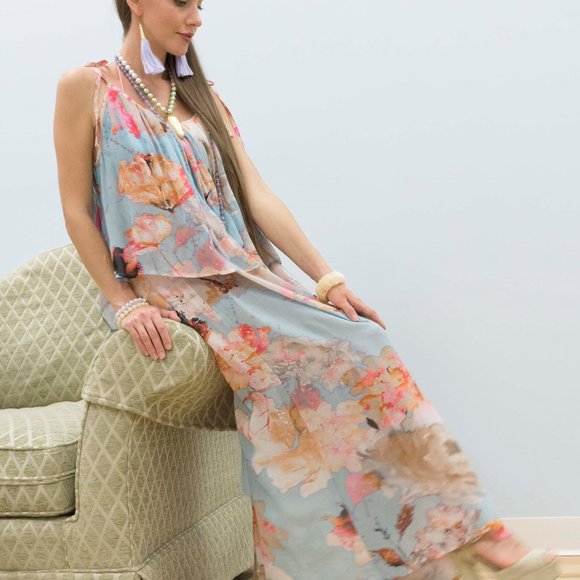 Beach Cover up BLUE TROPICAL style - Picture 3 of 5